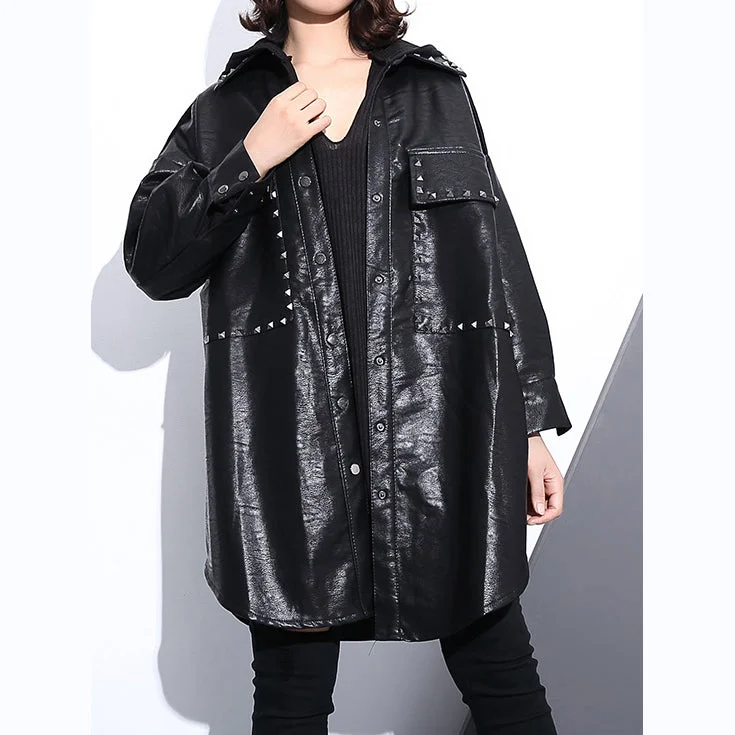 New black pu blouse oversize lapel collar pockets t shirt Elegant long sleeve Rivet pu coat Cozy Printed Short Shirt