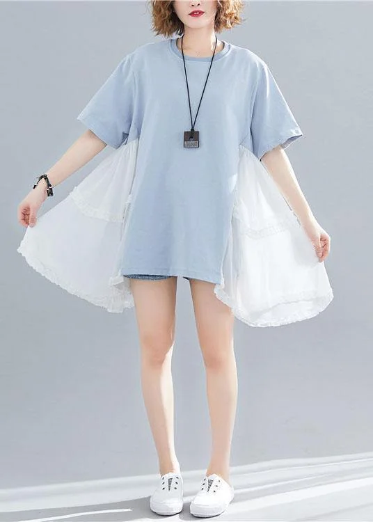 Style asymmetric hem cotton clothes For Women Photography blue patchwork shirt summer Elegant High-Low Short Shirt