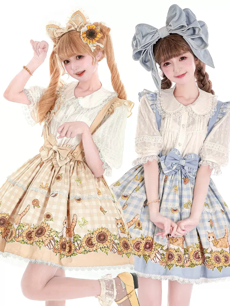 Chaton Jardin~Sunny Cat~Sweet Lolita Suspenders SK Sunflower Print Lolita Skirt corduroy skirt durable