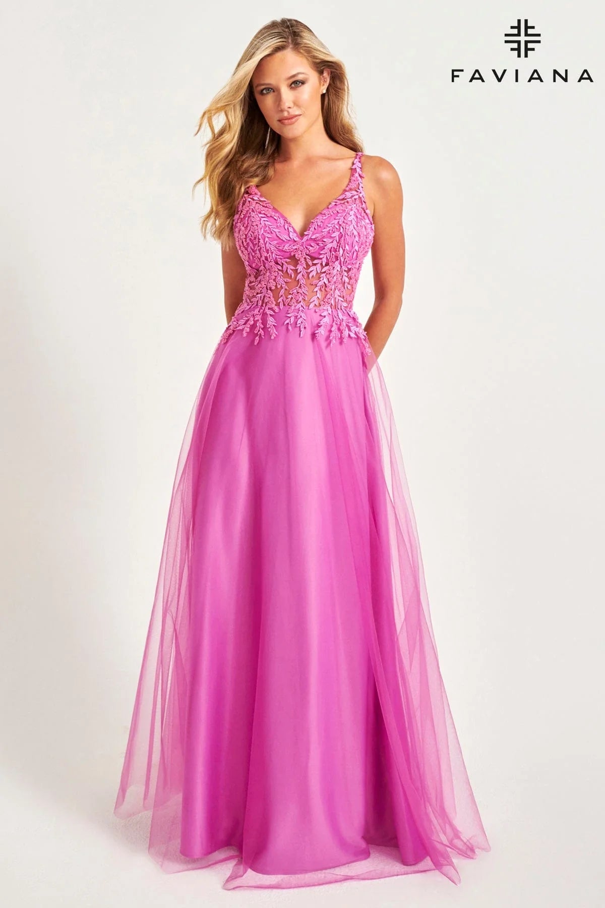 Faviana 11055 Tulle Applique V-Neck with Full Skirt ribbed skirt waist