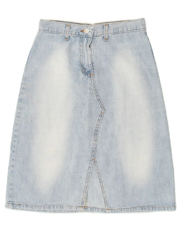 VINTAGE Womens Denim A-Line Skirt W26 Small Blue Colourblock silk skirt lustrous