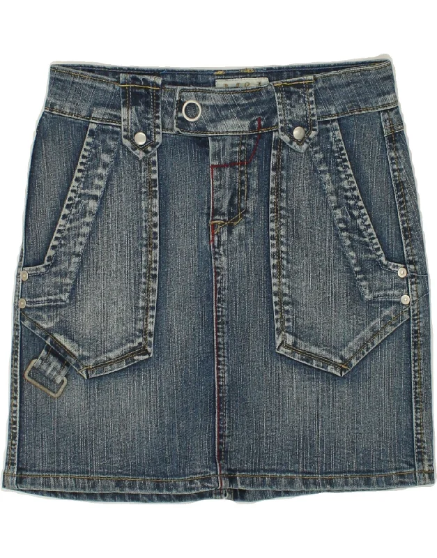 VINTAGE Womens Denim Skirt UK 8 Small W26 Blue Cotton silk skirt lustrous