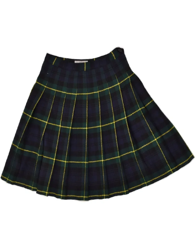 VINTAGE Womens Knife Pleated Skirt IT 40 Small W26  Navy Blue Check Wool elastic waist skirt