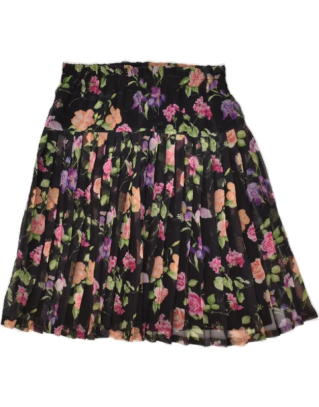 VINTAGE Womens Knife Pleated Skirt UK 8 Small W26 Black Floral relaxed fit skirt