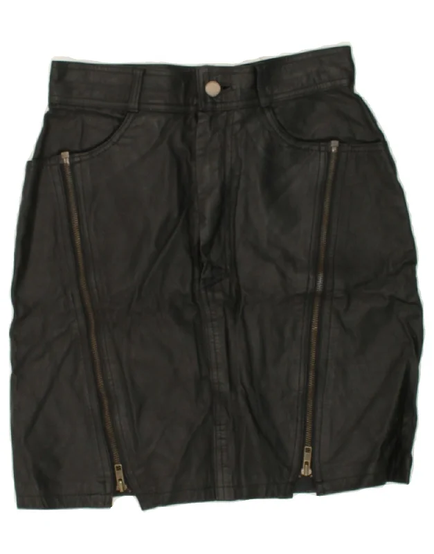 VINTAGE Womens Leather Skirt IT 38 XS W25 Black wool skirt warm