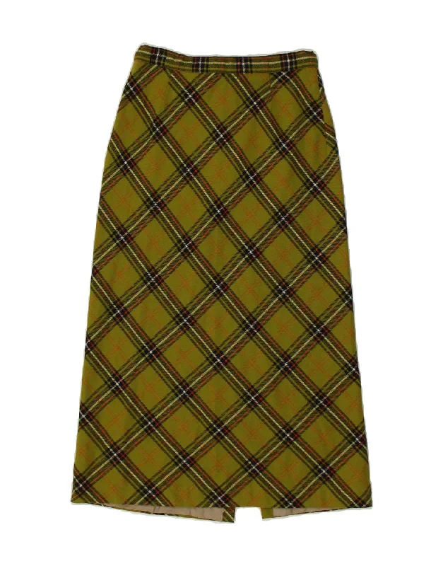 VINTAGE Womens Maxi Skirt W26 Small Khaki Check casual skirt length