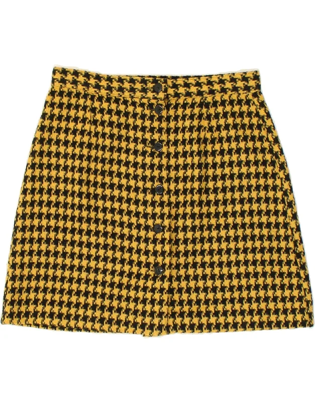 VINTAGE Womens Mini Skirt Large W28  Yellow Houndstooth Wool leather skirt durable
