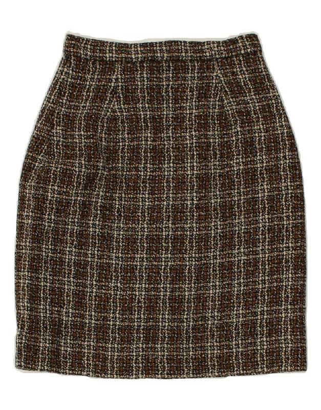VINTAGE Womens Pencil Skirt W24 XS Brown Check leather skirt sleek