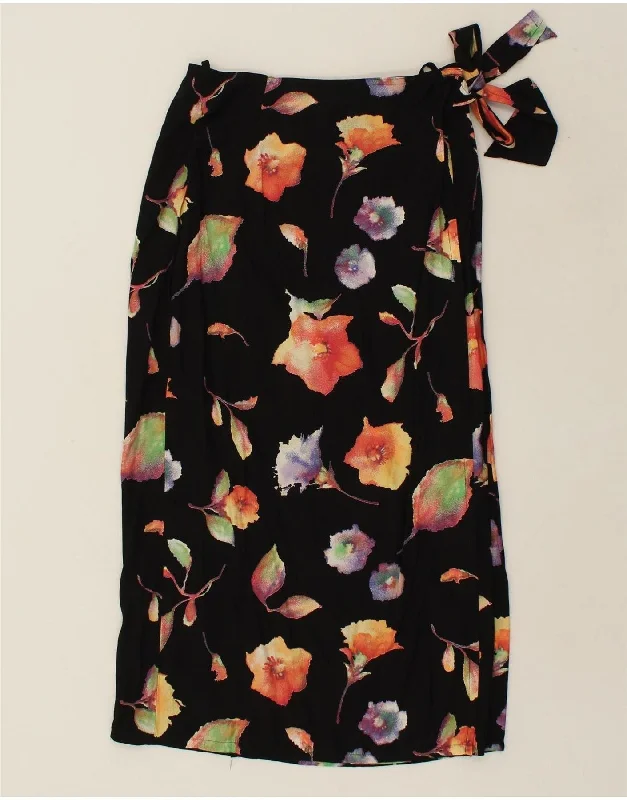 VINTAGE Womens Wrap Skirt IT 40 Small W27 Black Floral Viscose denim skirt classic