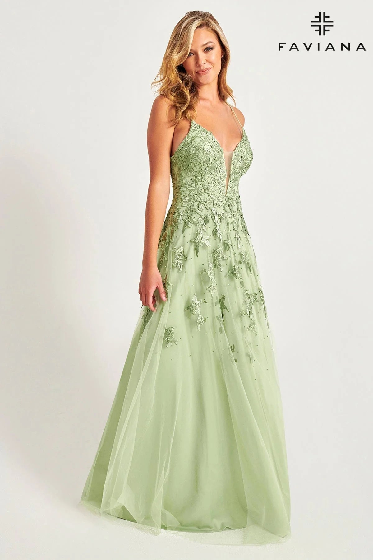 Faviana 10640 V-Neck Lace Tulle Full Skirt velvet skirt sumptuous
