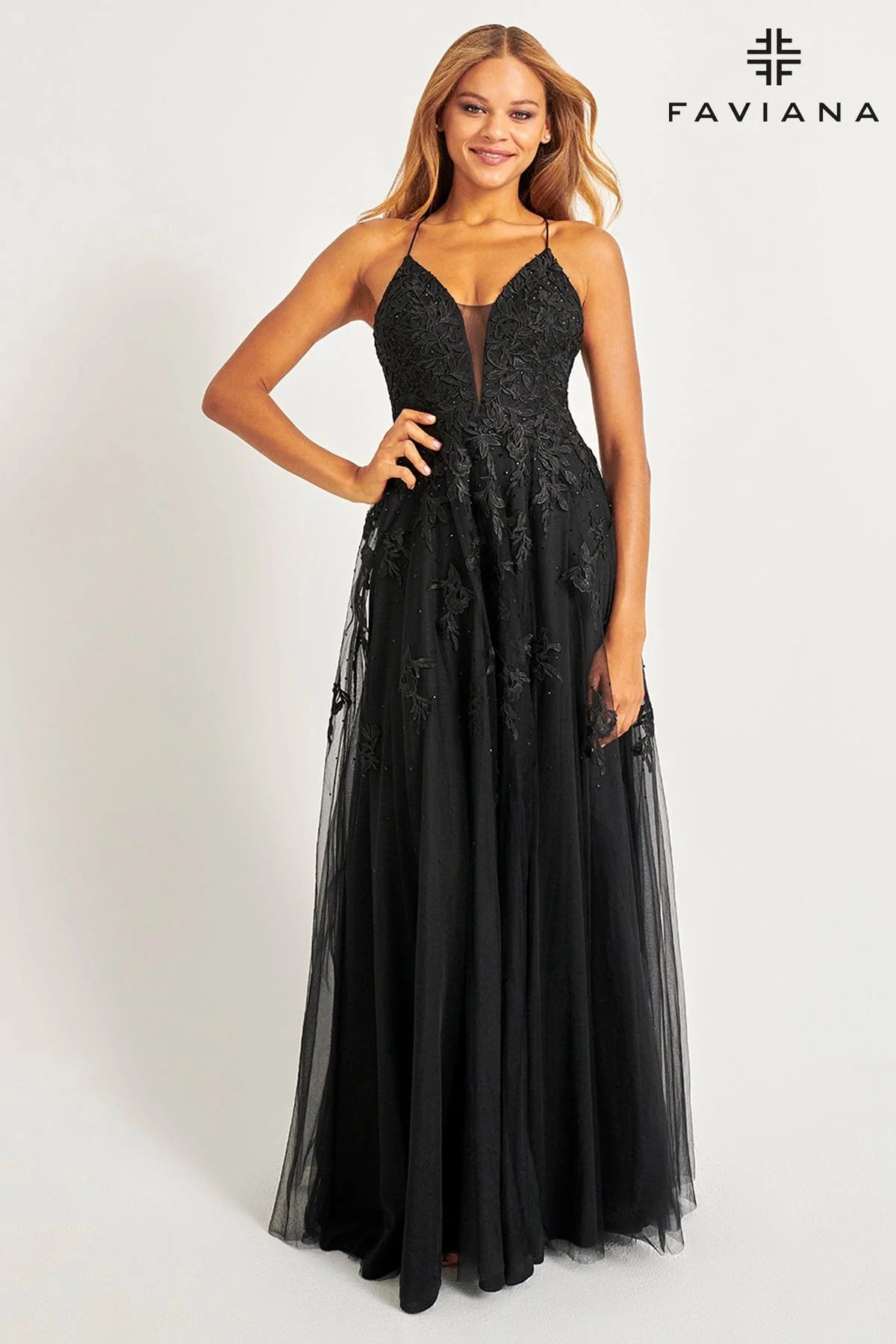 Faviana S10640 V-Neck Lace Tulle Full Skirt corduroy skirt durable