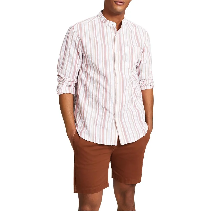 And Now This Mens   Banded Collar Striped Button-Down Shirt