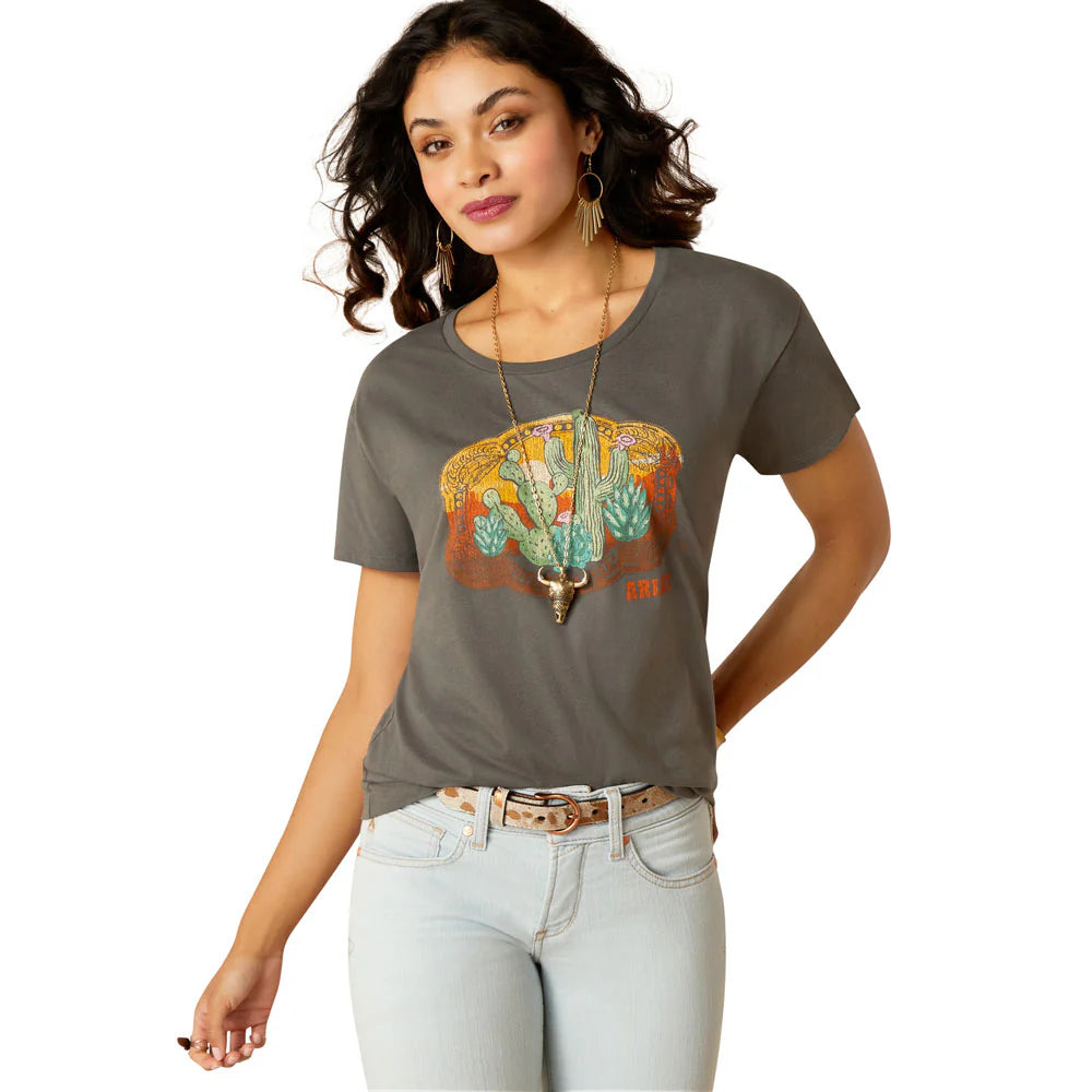 Ariat Wms Buckle Up Graphic SS T Shirt Graphite Comfortable Flowing Short Sleeve