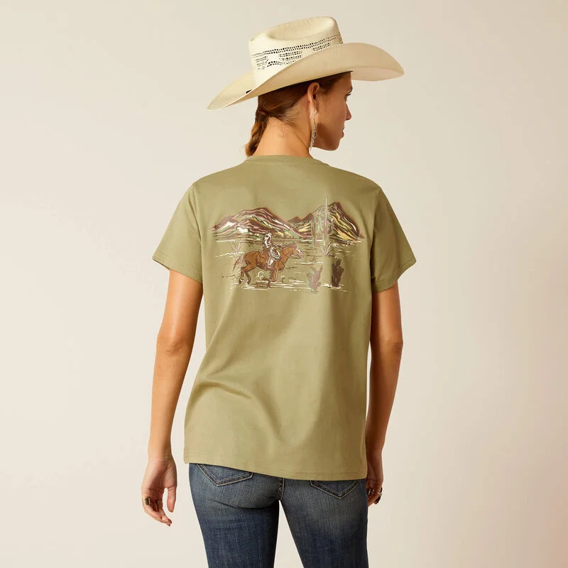 Ariat Wms Desert Scene SS T Shirt Oil Green Trendy Floral Print Tee