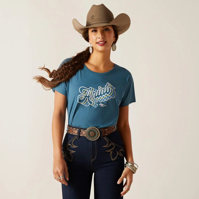 Ariat Wms Rainbow Script SS T Shirt Steel Blue Heather Elegant Lace Short Sleeve