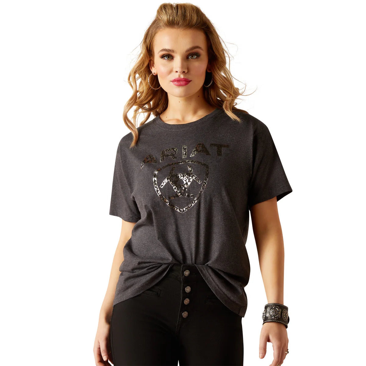 Ariat Wms Shield SS T Shirt Black Heather Casual Plain Short Shirt