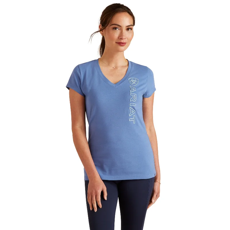 Ariat Wms Vetical Logo V Neck SS T Shirt Dutch Blue Trendy Tie-Front Short Shirt