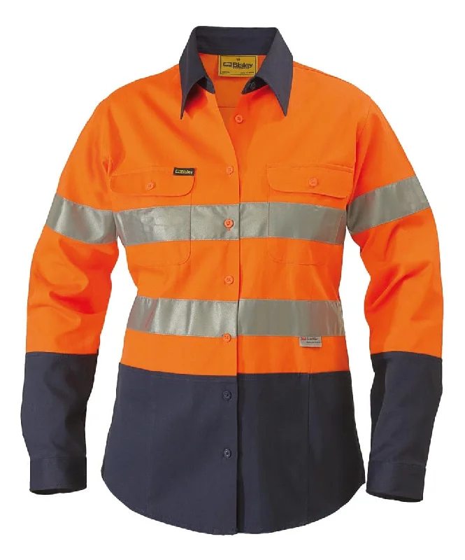 Bisley 2 Tone 3M Ladies Hi Vis Drill Shirt - Long Sleeve - Orange/Navy (BLT6456) Chic Button-Up Short Shirt