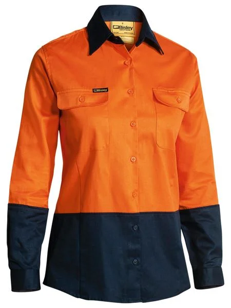 Bisley Ladies 2 Tone Hi Vis Drill Shirt - Long Sleeve - Orange/Navy (BL6267) Classic Denim Short Sleeve
