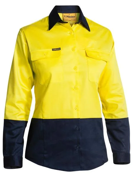 Bisley Ladies 2 Tone Hi Vis Drill Shirt - Long Sleeve - Yellow/Navy (BL6267) Chic Embellished Short Sleeve