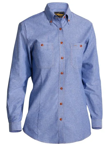 Bisley Ladies Chambray Shirt - Long Sleeve - Blue (B76407L) Trendy Turtleneck Short Shirt