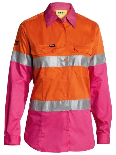 Bisley Women's 3M Taped Hi Vis Cool Lightweight Shirt - Orange/Pink (BL6696T) Modern Casual Short Sleeve