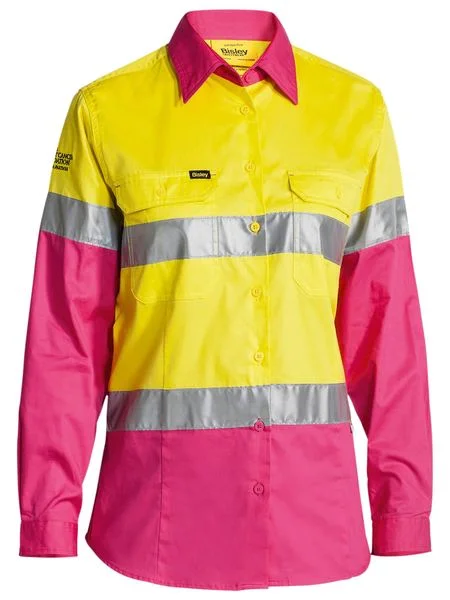 Bisley Women's 3M Taped Hi Vis Cool Lightweight Shirt - Yellow/Pink (BL6696T) Elegant Button-Down Short Shirt