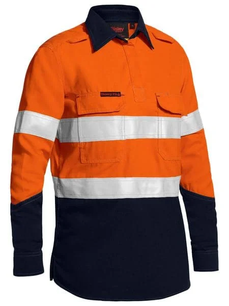 Bisley Women's Taped Two Tone Hi Vis Closed Front Vented Shirt - Long Sleeve (BLC8075T) Comfortable Short Sleeve Blouse