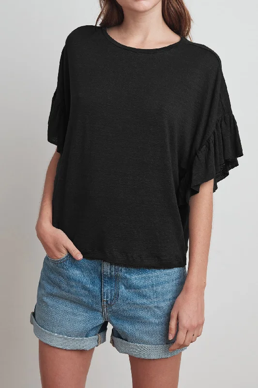 DORIANA LINEN KNIT RUFFLE SLEEVE TEE Lace Blend Ribbed Blend Corduroy Blend