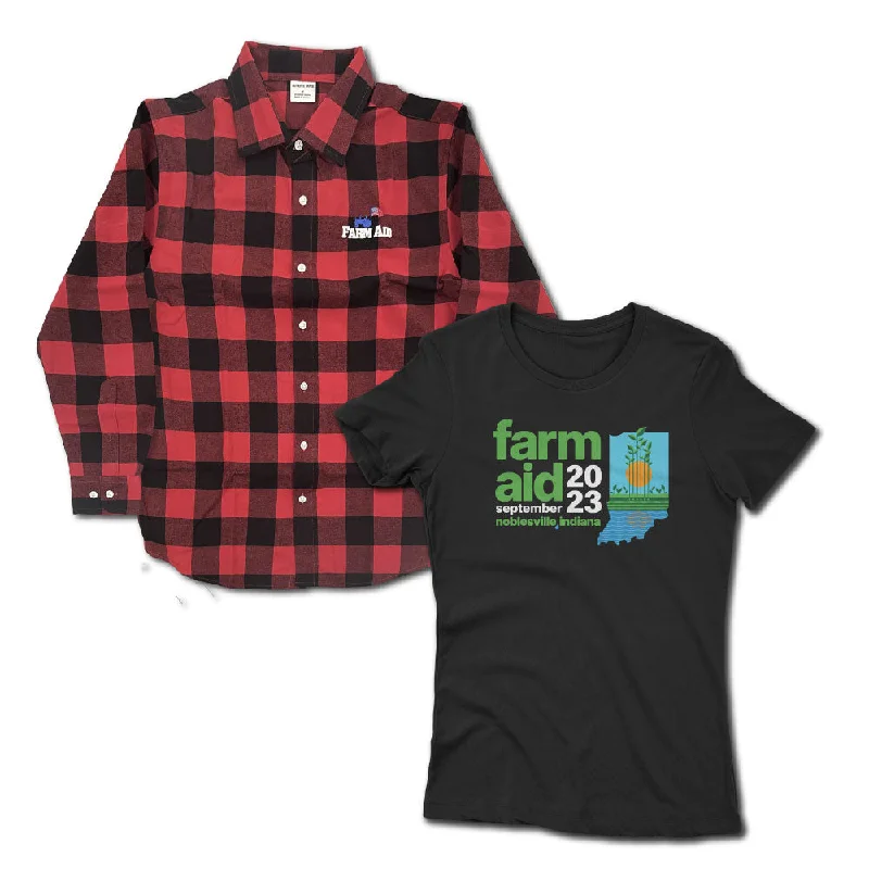 Farm Aid 2023 Women's Festival Logo Tee and Organic Cotton Flannel Shirt Bundle Comfortable Fit Short Shirt Farm Aid 2023 Women's Festival Logo Tee and Organic Cotton Flannel Shirt Bundle Comfortable Fit Short Shirt