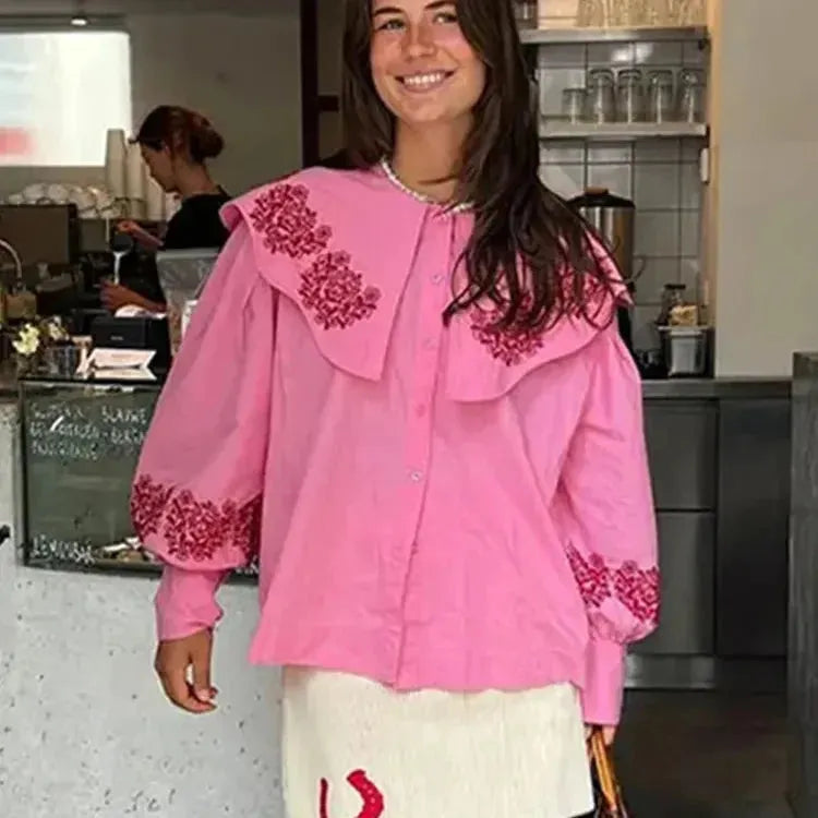 Fashion Print Shirts Women Sweet Doll Collar Button Long Lantern Sleeve Shirt Fe Relaxed Cotton Short Shirt