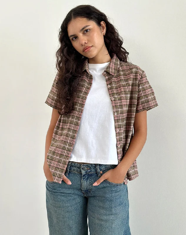 Gosanri Short Sleeve Shirt in Pink and Green Check Cozy Summer Short Shirt