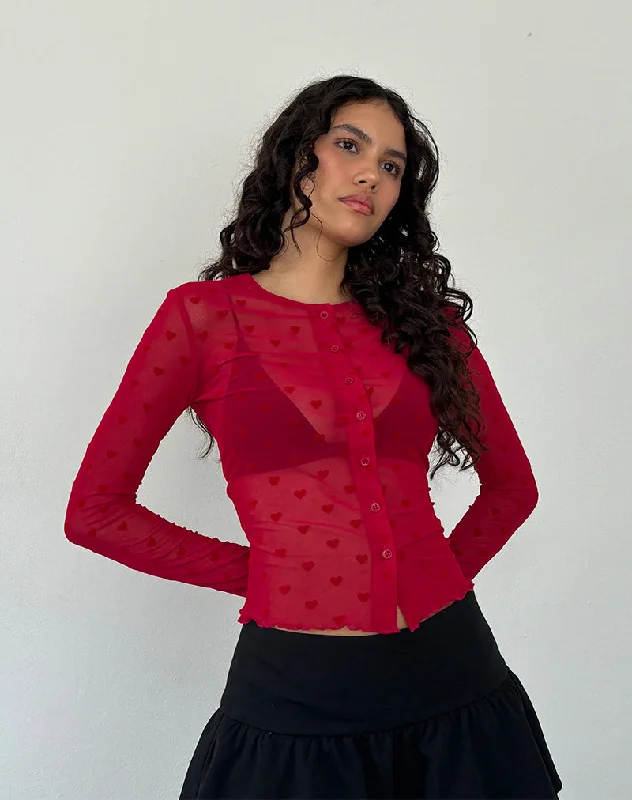 Kahula Shirt in Red Heart Flocked Mesh Elegant Draped Short Sleeve