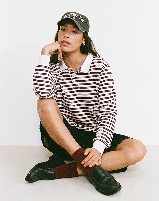 Kemillau Baggy Shirt in Brown with White Stripes Relaxed Fit Short Sleeve Top