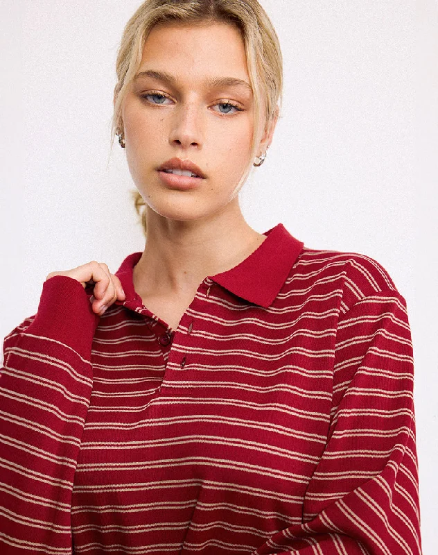 Kemillau Baggy Shirt in Burgundy with White Stripes Fashionable Tied Short Sleeve