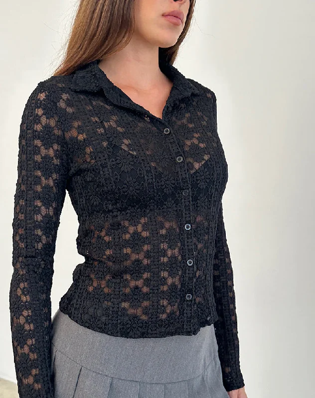 Kenila Shirt in Regal Lace Black Cozy Knit Short Sleeve Top