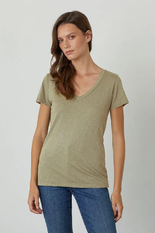 LILITH COTTON SLUB V-NECK TEE Collared T-Shirt Boat Neck A-Line