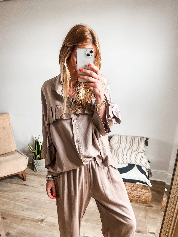 Linen Blend Frill Shirt Casual Oversized Short Shirt