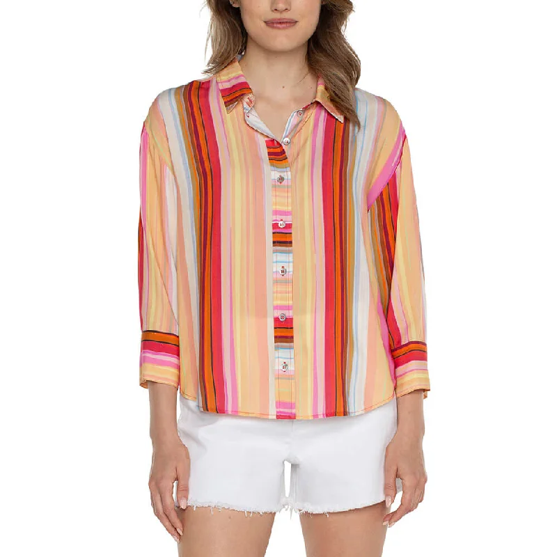 Liverpool Button Front Shirt With 3/4 Sleeve Top - Bry Blsm Mltsp Stylish Short Sleeve Top