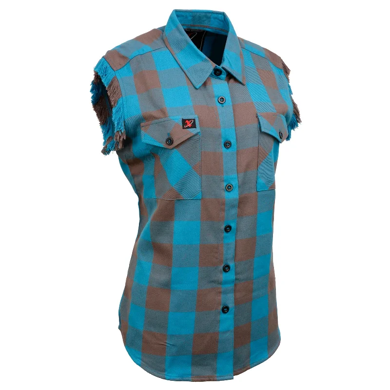 Milwaukee Leather MNG21623 Women's Flannel Brown/Aqua Button Down Sleeveless Cut Off Shirt w/ Frill Arm Trendy Print Short Sleeve