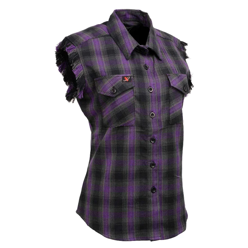 Milwaukee Leather MNG21624 Women's Flannel Black/Purple Button Sleeveless Cut Off Shirt w/ Frill Arms Modern Casual Short Sleeve
