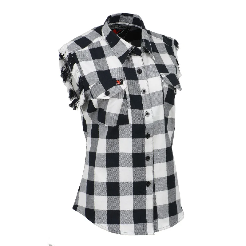 Milwaukee Leather MNG21625 Women's Flannel Down Sleeveless Shirt w/ Button Black / White & Cut Off Frill Arm Hole Elegant Silk Short Shirt