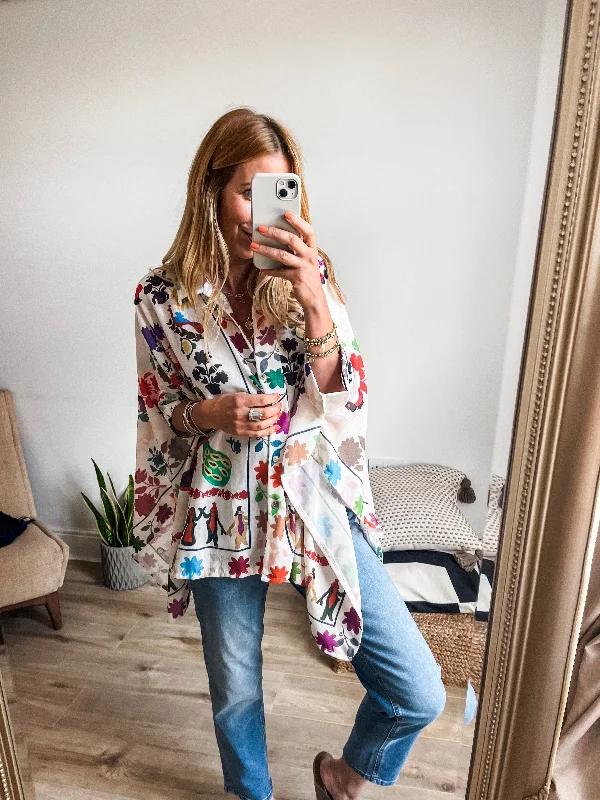 Nature Print Boxy Shirt Trendy Button-Front Short Sleeve