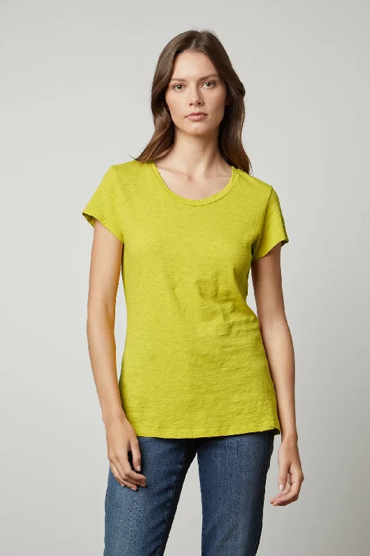 ODELIA COTTON SLUB CREW NECK TEE Zippered Front Buttoned Front Snap Front