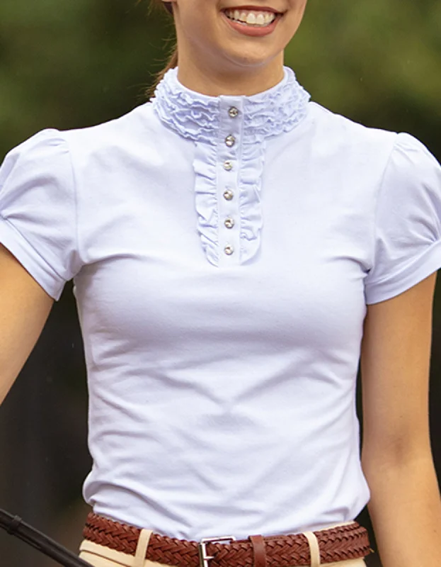 Polly Ruffle Ladies White Show Shirt Comfortable Knit Short Shirt
