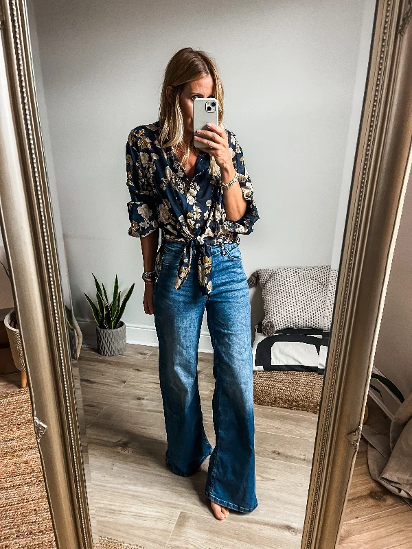 Tie-Front Floral Print Shirt Elegant Lace-Trimmed Short Shirt
