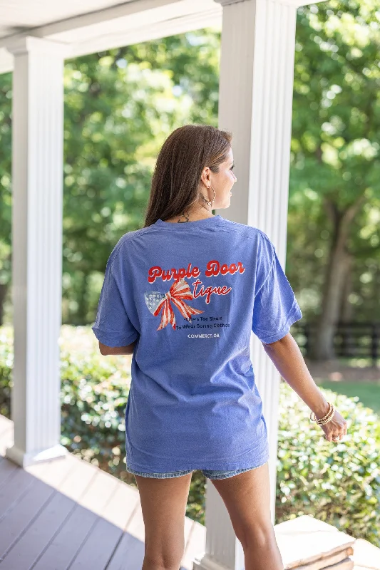 Purple Door Boutique Blue Patriotic Tee Collared T-Shirt Boat Neck A-Line