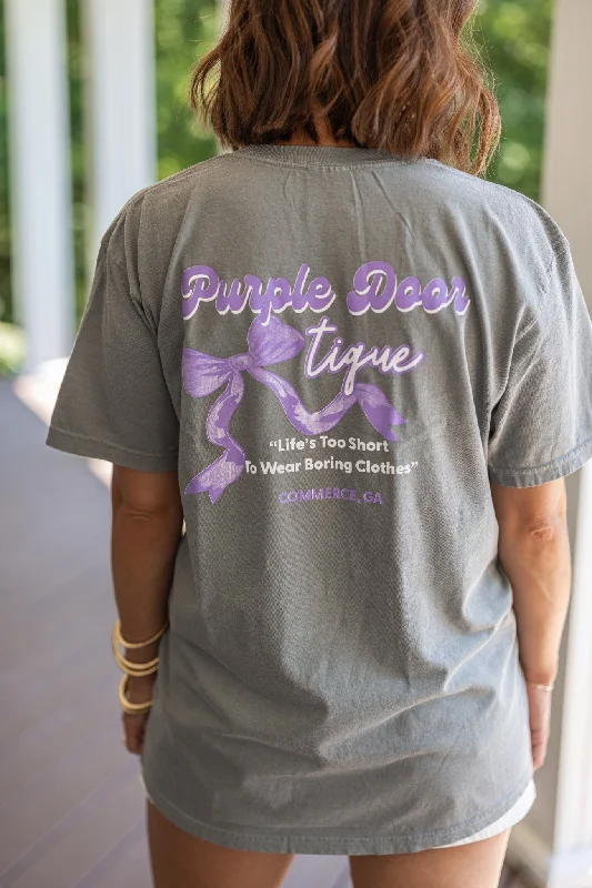 Purple Door Boutique Grey Bow Tee Thin T-Shirt Open Front Quick Dry
