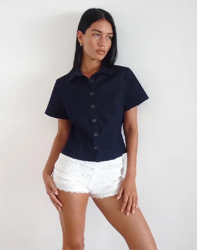 Samas Shirt in Dark Indigo Trendy Turtleneck Short Shirt