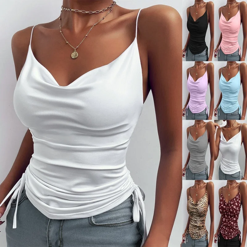 Spaghetti Strap Tops V-neck Camisole Shirts Women Summer Clothes Classic Basic Short Shirt